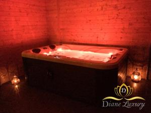 鲁贝Diane Luxury 1的浴缸位于红色墙壁的房间