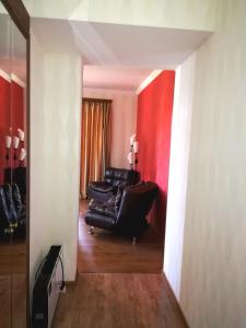 第比利斯Apartment in the heart of Old Tbilisi的客厅配有黑色沙发和红色墙壁