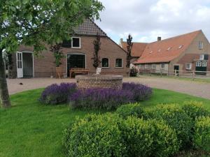 HarenB&B d'n Uilenhof Haren的庭院前有紫色花的房屋