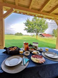 Brezje伍德豪斯住宿加早餐旅馆的一张野餐桌,上面有食物放在蓝色桌布上