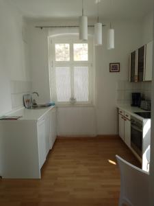 巴特尚道Ferienwohnungen Wilhelm的白色的厨房设有水槽和窗户