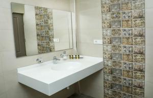 埃里温Teryan Pushkin Apart Hotel的浴室设有白色水槽和镜子