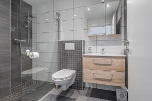 霍赫克尼希山麓丁滕Haus Dienten的一间带卫生间和玻璃淋浴间的浴室