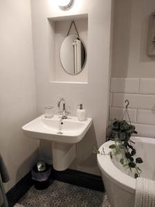 考布里奇Aubrey Cottage的一间带水槽、卫生间和镜子的浴室