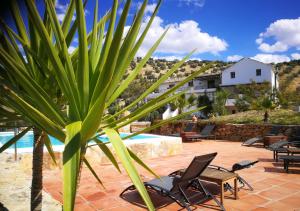 伊斯纳哈尔Caseria De San José的一个带游泳池、两把椅子和棕榈树的度假村