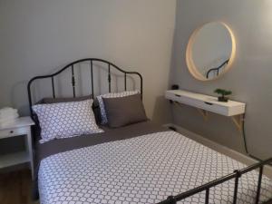 渥太华Beautiful, Clean, Quiet 2 BR-In Downtown Ottawa. Parking, WIFI and Netflix Included的一间小卧室,配有一张床和镜子