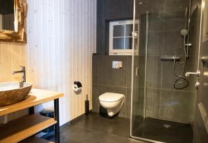 梅德巴赫Kustelberg Lodges的一间带卫生间和玻璃淋浴间的浴室