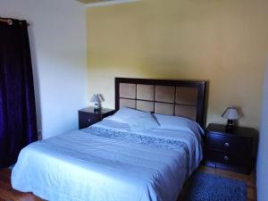 Lajes das FloresA casa do Tí Mendonça的一间卧室设有一张大床和两个床头柜