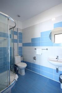 斯维塔维PENZION VERMON的蓝色和白色的浴室设有卫生间和水槽