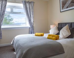 KinghornCarvetii - Borthwick House - Ground floor flat的一间卧室配有一张带黄色枕头的床和一扇窗户
