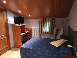 戈索尔Hostal Cal Franciscó的一间卧室配有一张床、一张书桌和一台电视