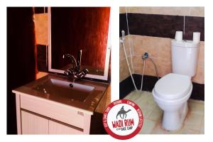 瓦迪拉姆Wadi Rum Desert Base Camp的浴室设有卫生间和带镜子的盥洗盆