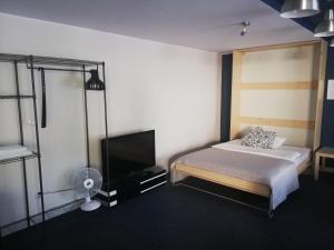 波兹南黄金酒店的一间酒店客房,配有一张床和一台电视