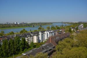 杜塞尔多夫Luxury apartment in Düsseldorf near trade fair的享有河流和建筑的城市美景