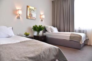 新托梅希尔高保真音响Spa酒店的酒店客房设有两张床和窗户。