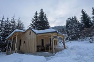 托普利察Vila Mura的小木屋的顶部有雪