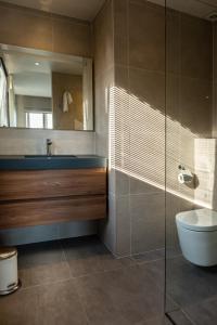 布列登Villa Farfalla的一间带水槽、卫生间和镜子的浴室