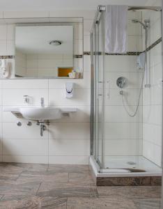 菲尔德施塔特Aristo Hotel的一间带水槽和淋浴的浴室