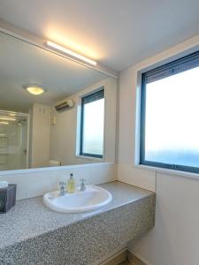 布伦海姆布伦海姆贝拉维斯特汽车旅馆的一间带水槽和大镜子的浴室