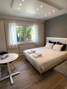 卢森堡阿拉米斯一室公寓公寓式酒店的卧室配有一张白色的大床和一张桌子