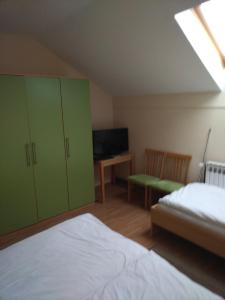 NašicePansion Ribnjak的一间卧室设有绿色橱柜、一张床和一台电视机。