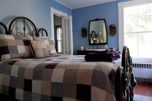 杰斐逊港The Fox and Owl Inn的一间卧室配有一张带蓝色墙壁和镜子的床