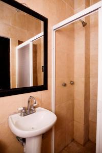 杜兰戈Hotel María Elena的浴室配有盥洗盆和带镜子的淋浴