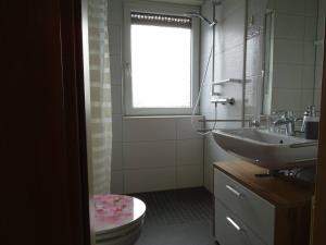 内特塔尔Helle Ferienwohnung in Nettetal bei Venlo的一间带水槽和卫生间的浴室以及窗户。