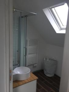 格鲁瓦Maison familiale Groix的一间带水槽和玻璃淋浴的浴室