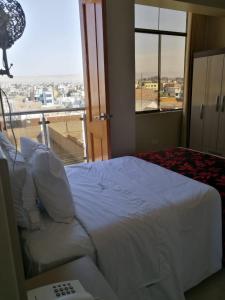 塔克纳Hotel Spa Machupicchu的一间市景卧室,配有一张床