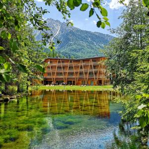 尚波吕克Au Charmant Petit Lac - Ecohotel Parc & Spa的一座毗邻高山湖泊的建筑