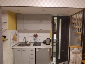 利沃夫Квартира студія подобово 3的小厨房配有白色橱柜和水槽