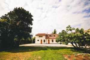 Povegliano VeroneseFuoricittà的前面有树木的大白色房子