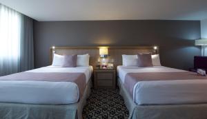 墨西哥城皇冠假日酒店－墨西哥城北部塔兰潘特拉的酒店客房设有两张床和窗户。