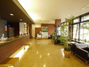 妙高鲁特酒店 - 妙高新井旅馆的大堂设有种植了盆栽植物的等候区