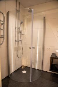 法尔雪平Hotell Syfabriken的带淋浴的浴室和玻璃门