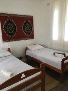 KwekweNyangombe Backpackers的一间设有两张床的客房,墙上挂着一张照片