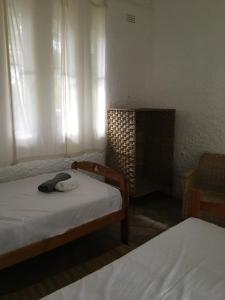 KwekweNyangombe Backpackers的一间卧室配有两张床,床上有一顶帽子