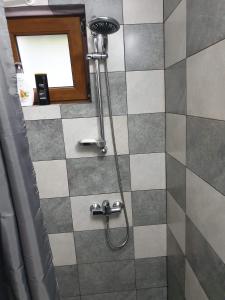 BîrladPensiunea Gallamar的带淋浴的浴室(铺有瓷砖地板)