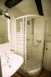 卡塞尔嘎斯霍夫帕彭安妮酒店的带淋浴和盥洗盆的白色浴室