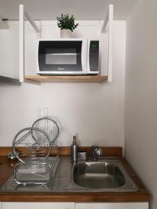 危地马拉Apartments and Rooms Distecon的厨房柜台设有水槽和微波炉