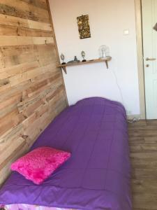 沙勒罗瓦Sweet home的木墙客房内的紫色床