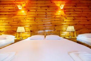 布拉索夫Casa Ivett的一间卧室设有木墙和一张带两盏灯的床。