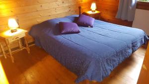 FromelennesDomaine du Hulobiet的一间卧室配有一张带紫色床单的床和两盏灯。
