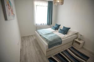 希欧福克Francesca Apartman的一间卧室配有一张带蓝色枕头的床和一扇窗户。