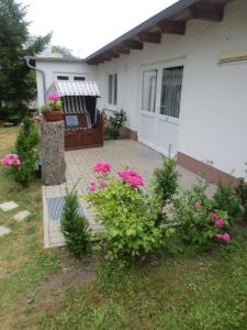 奥斯特西巴德钦诺维茨巴古斯旅馆的院子里有粉红色花的房子