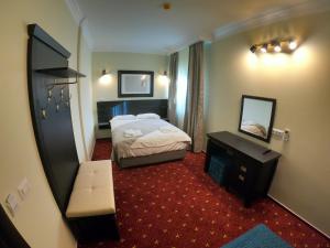 苏恰瓦Casa Bucovineana的酒店客房,设有两张床和镜子
