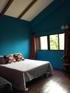 光复乡麵包樹舍 Breadfruit B&B的一间卧室配有一张蓝色墙壁和窗户的床