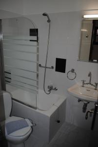 库卡里Studios Loukia的带淋浴、卫生间和盥洗盆的浴室