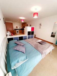 滨海绍森德Southend Ground Floor Apartment with Parking的一间卧室配有一张带蓝色床单和枕头的床。